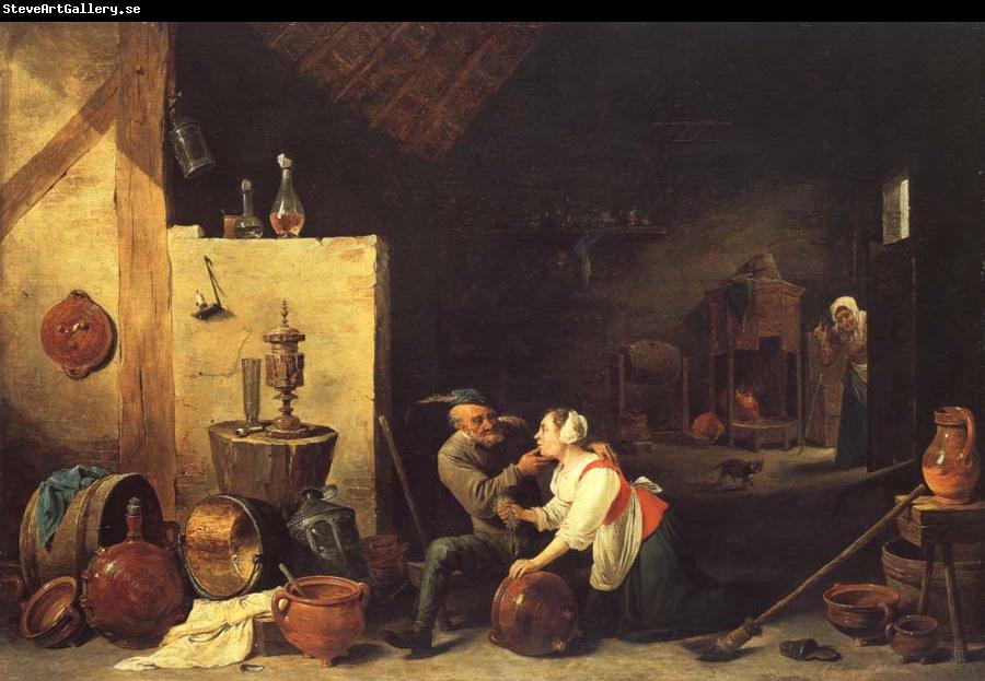 David Teniers An Old Peasant Caresses a Kitchen Maid in a Stable